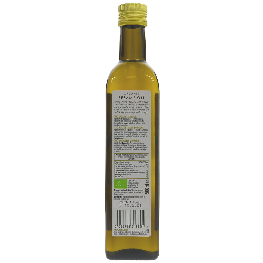 Biona's Organic Sesame Seed Oil - Nutty, Cold-Pressed, Vegan & Organic; ideal for Stir-fries and Dressings.