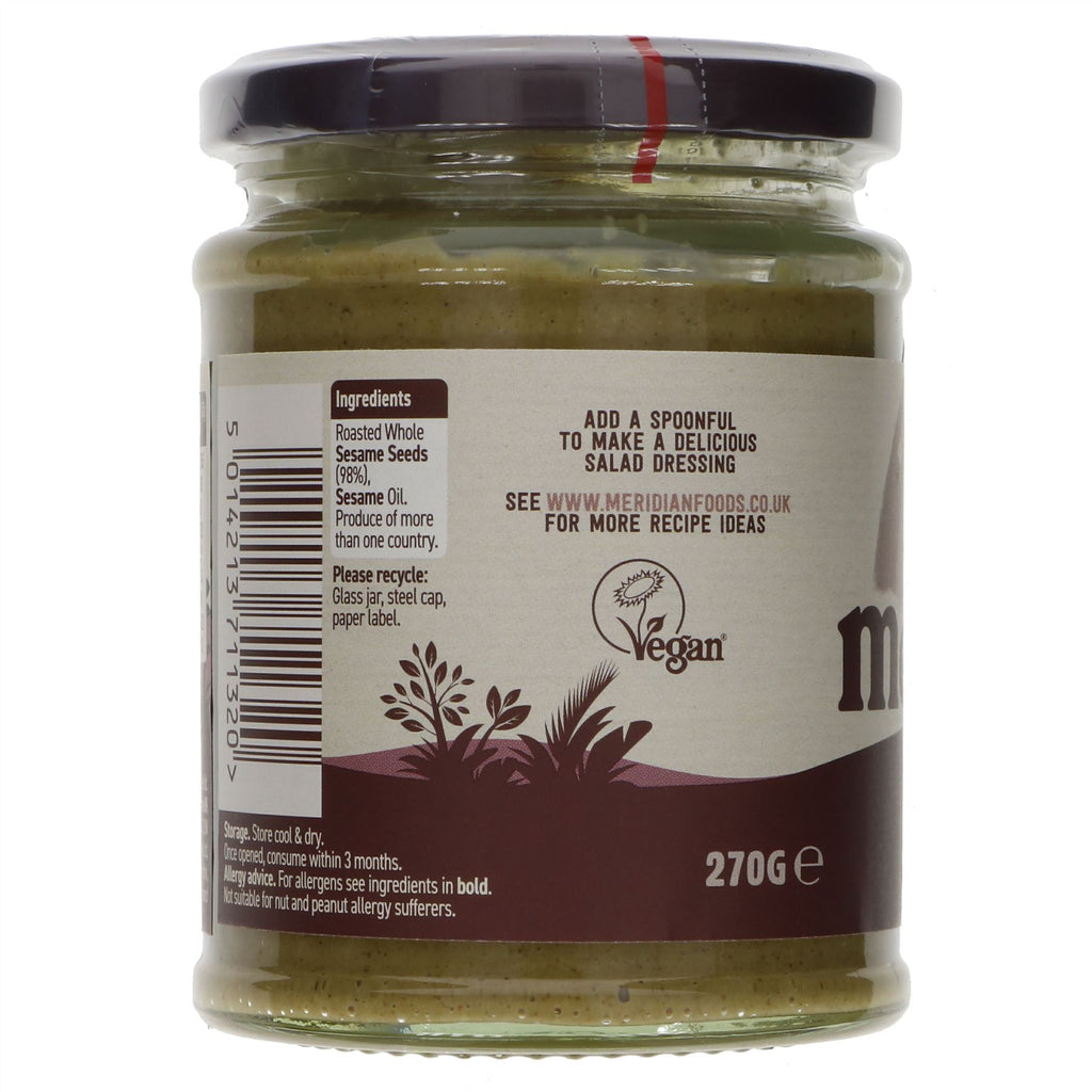 Vegan dark tahini made from roasted sesame seeds, perfect for dressings, dips, and sauces. No VAT charged.