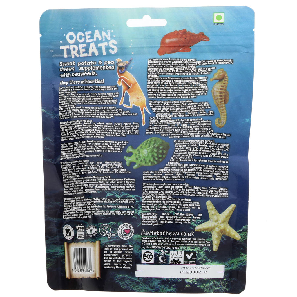 Benevo Ocean Treats - Vegan dog chews with spirulina, kelp, and wakame. Wheat, grain, and soy free. Supports marine conservation projects.