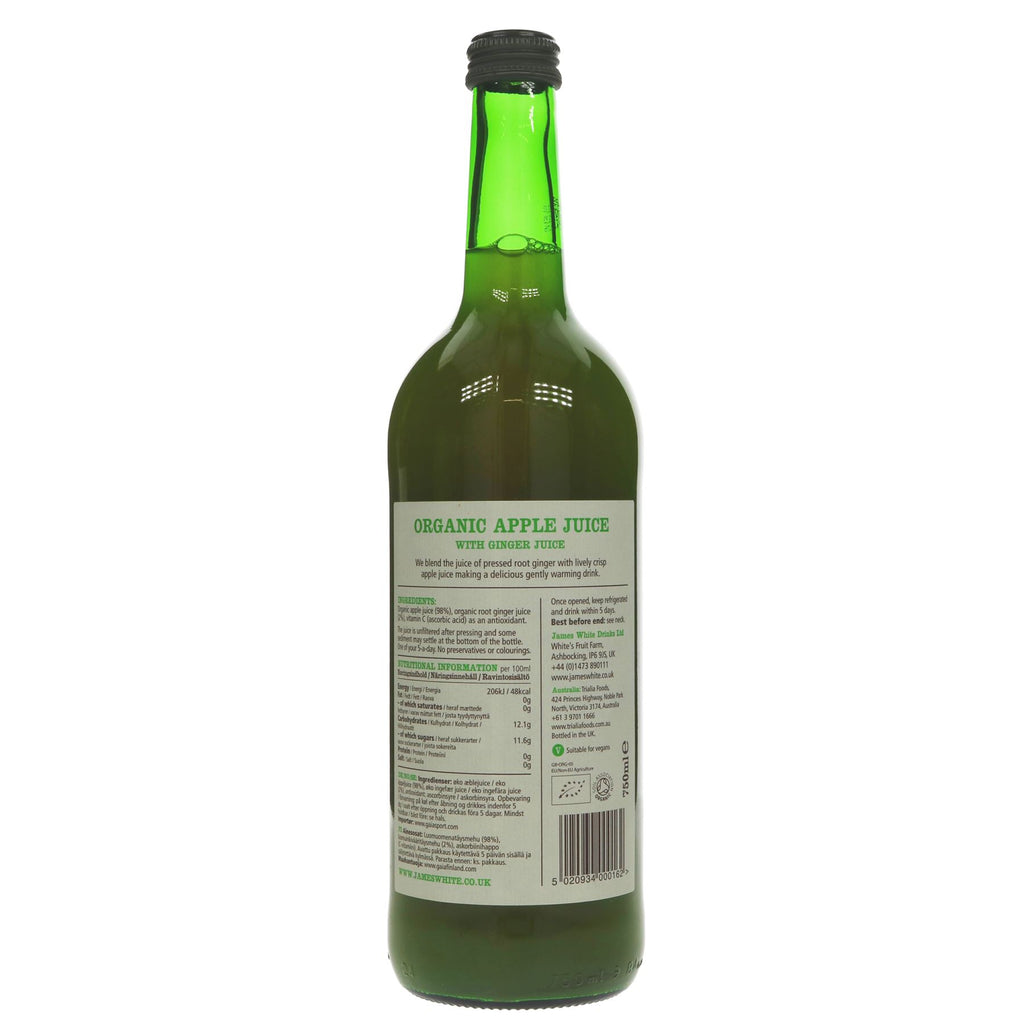 Organic and vegan James White Apple & Ginger Juice - a delicious blend of sweet apples and zesty ginger. Perfect on its own or in a smoothie.