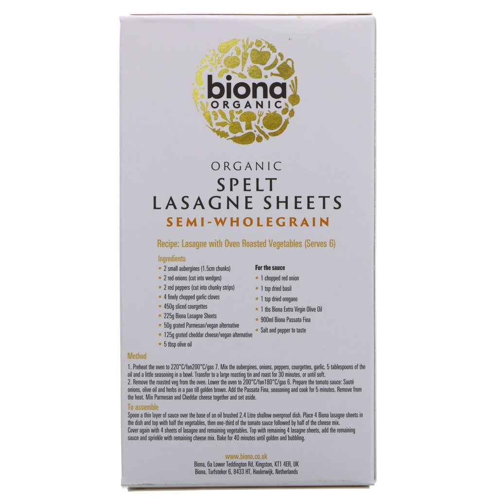 Biona Spelt Lasagne Sheets - Organic & Vegan - High Fiber & Protein - Easy to Prepare - Delicious & Healthy Alternative.