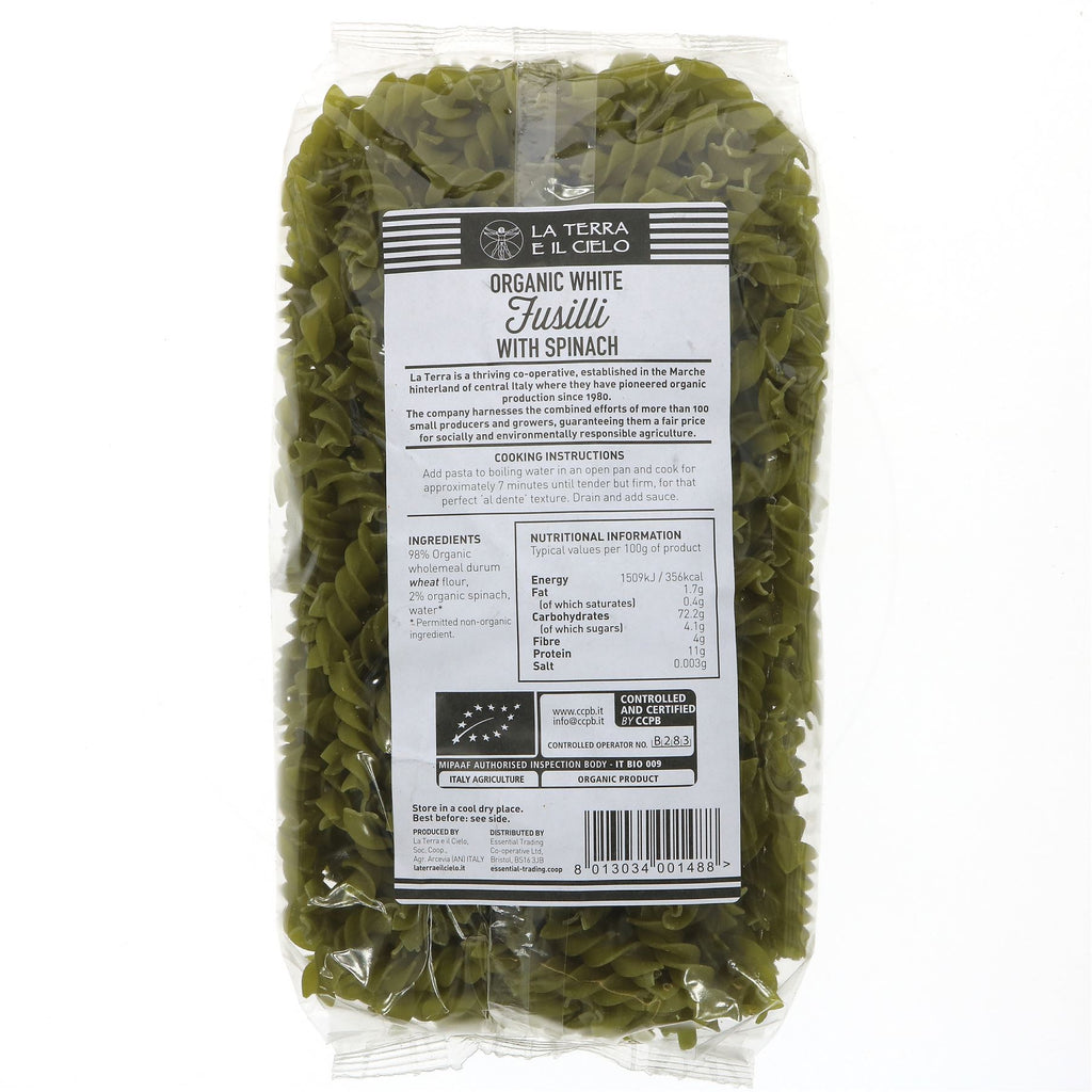 La Terra E Il Cielo Fusilli With Spinach - Organic vegan pasta, perfect for a healthy meal! Pair it with sauce or veggies.