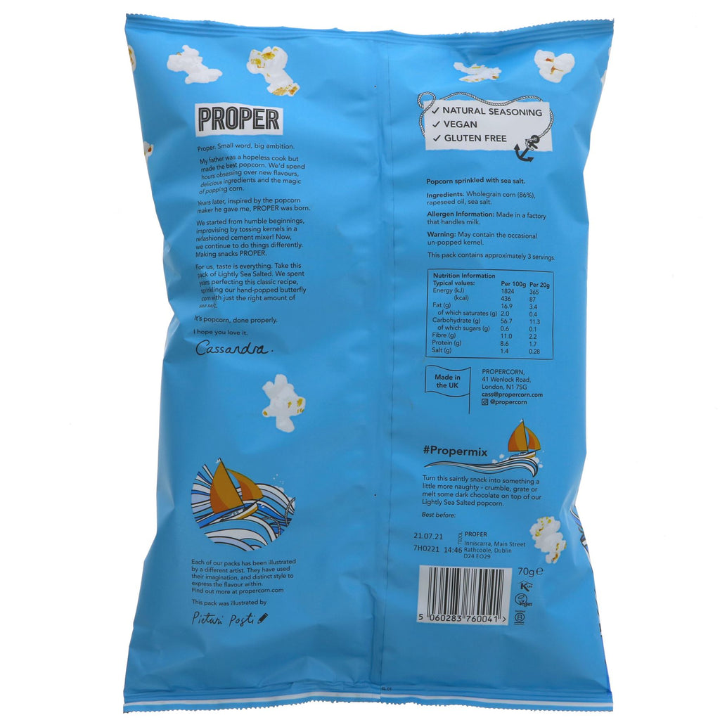 Propercorn Lightly Sea Salted Popcorn - Gluten-free and Vegan snack made with butterfly corn and a sprinkle of salt. Perfect for any time of day!