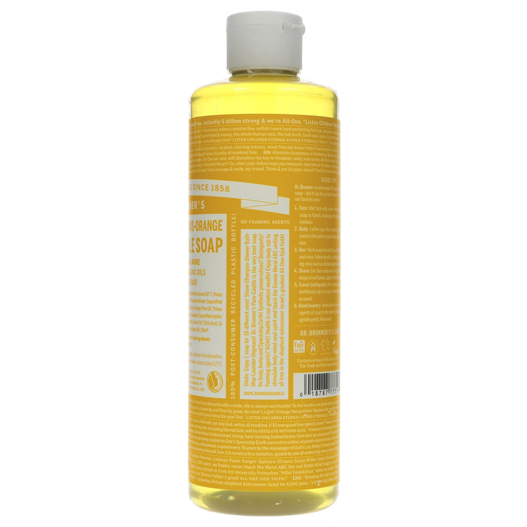 Dr Bronners' Orange Castile Liquid Soap - Fairtrade, Organic, Vegan - Refreshing Citrus Orange Scent - 475ml Bottle