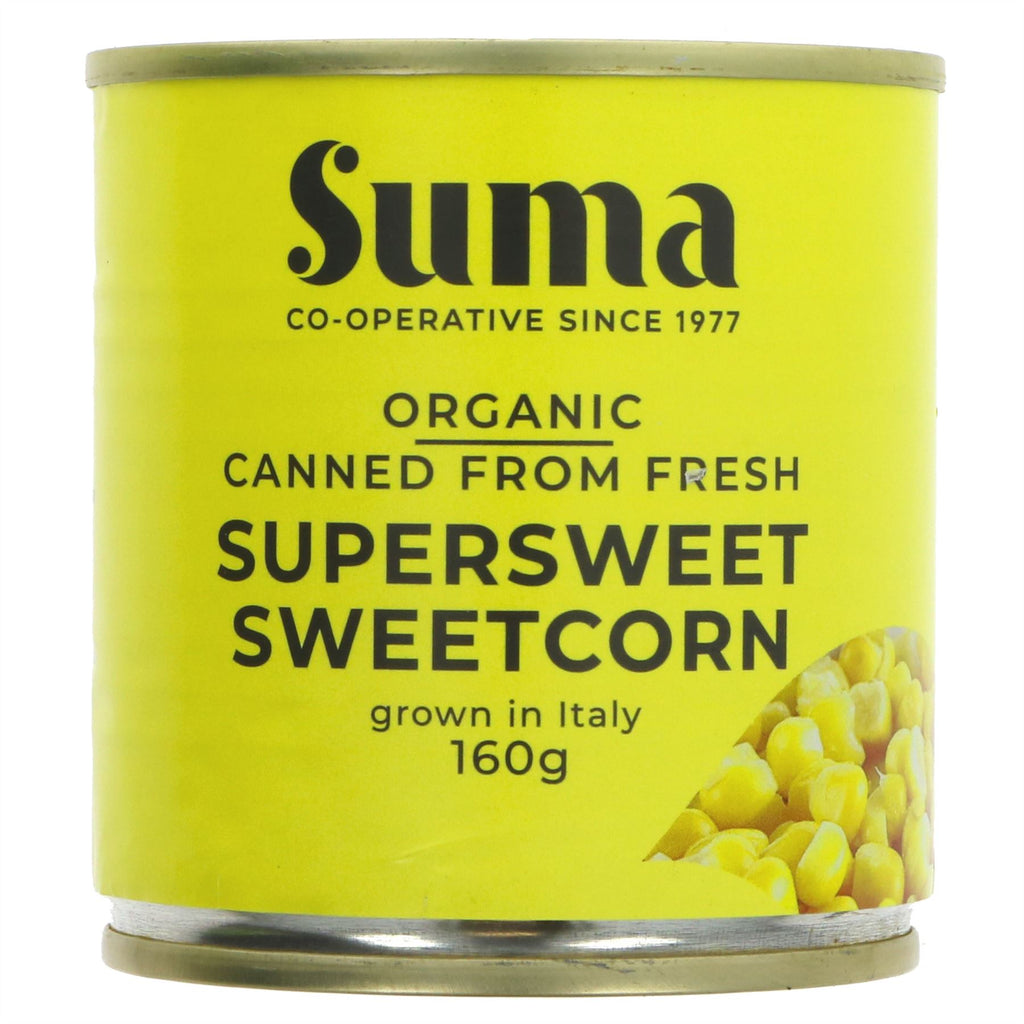 Organic, vegan Supersweet Sweetcorn by Suma - perfect for one recipe and bursting with Mediterranean flavor. No VAT charged.