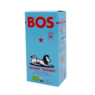 Fairtrade, gluten-free, organic, and vegan Rooibos Chai by Bos. Naturally caffeine-free, antioxidant-rich, and low in sugar.