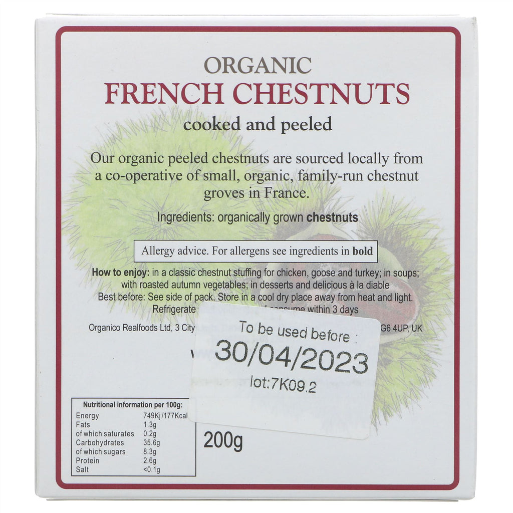 Organico French Chestnuts: Organic, Vegan, Nutty flavor. 200g box from Ardeche.