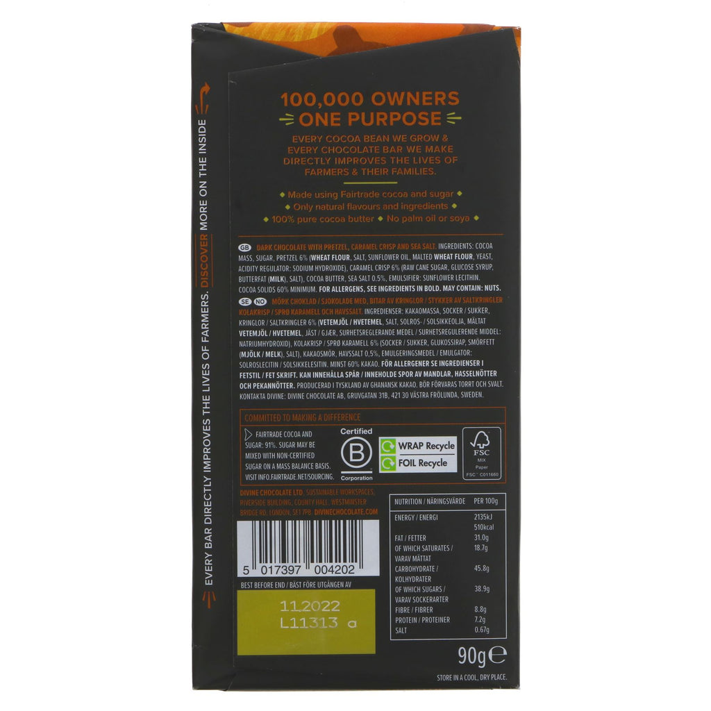 Fairtrade 60% Dark Pretzel & Caramel bar - guilt-free snacking with no added sugar, made with Fairtrade cocoa & sugar.