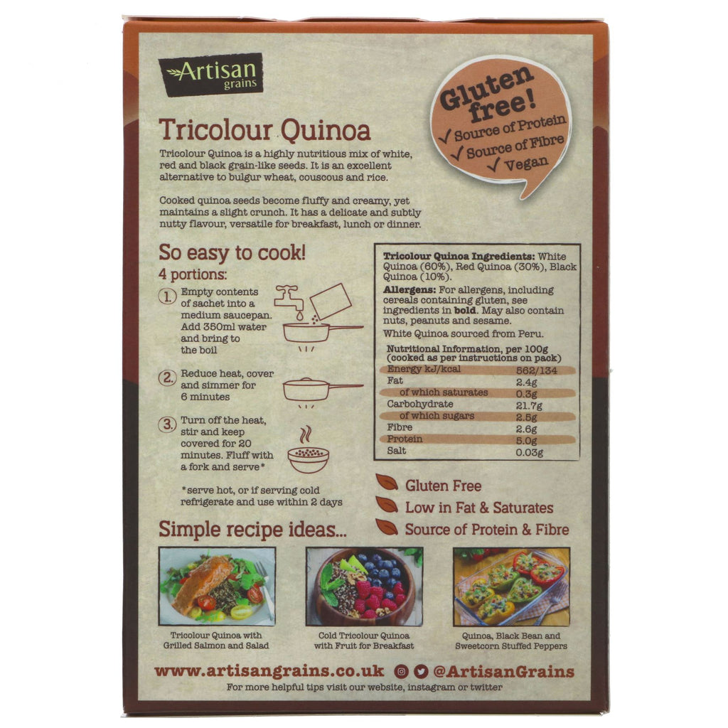 Artisan Grains Tricolour Quinoa: Nutty, gluten-free mix of white, red, and black seeds - perfect for salads and bowls! Vegan.