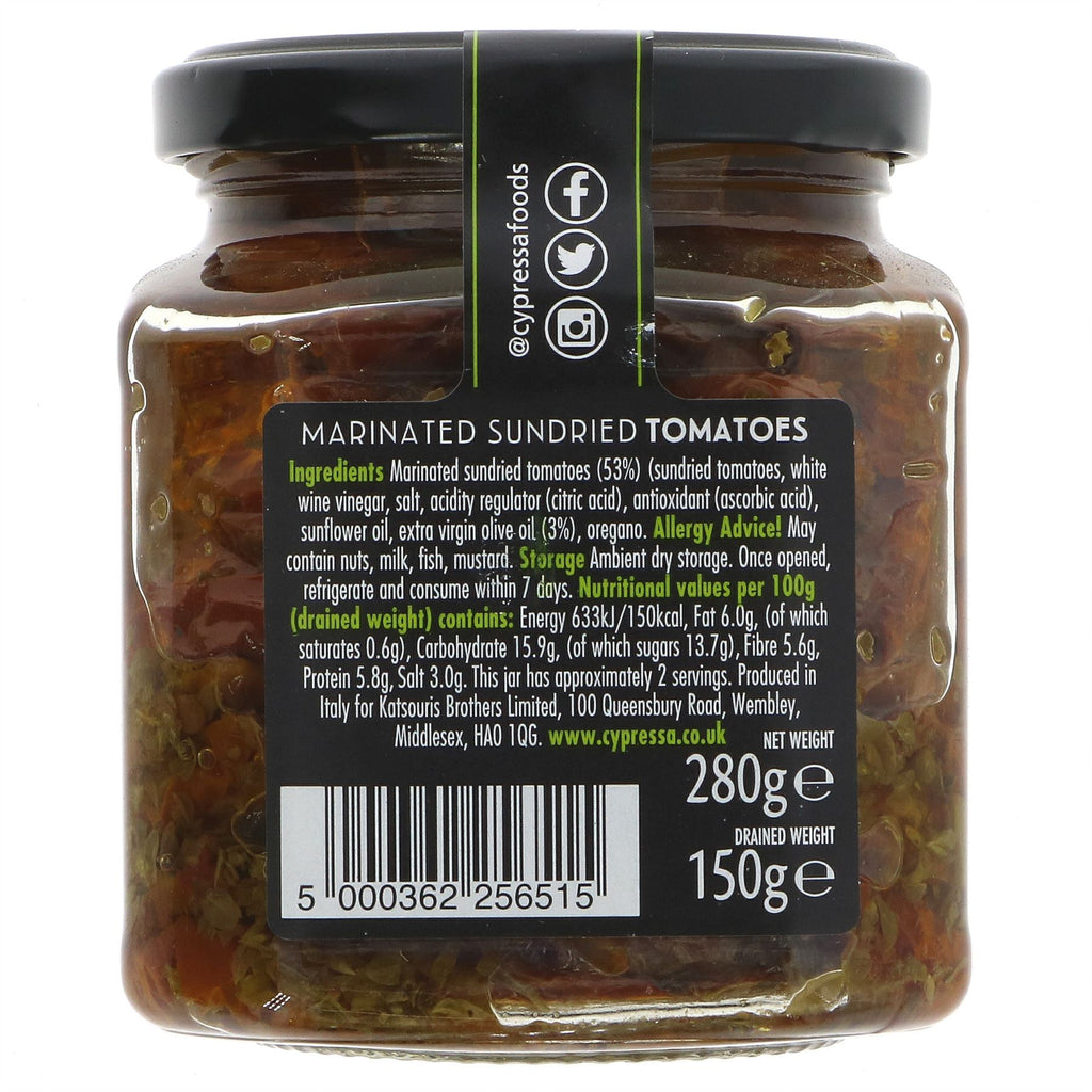 Cypressa Marinated Sun-Dried Tomatoes: Tangy Mediterranean flavor, perfect for salads, pasta, or snacking. Vegan.