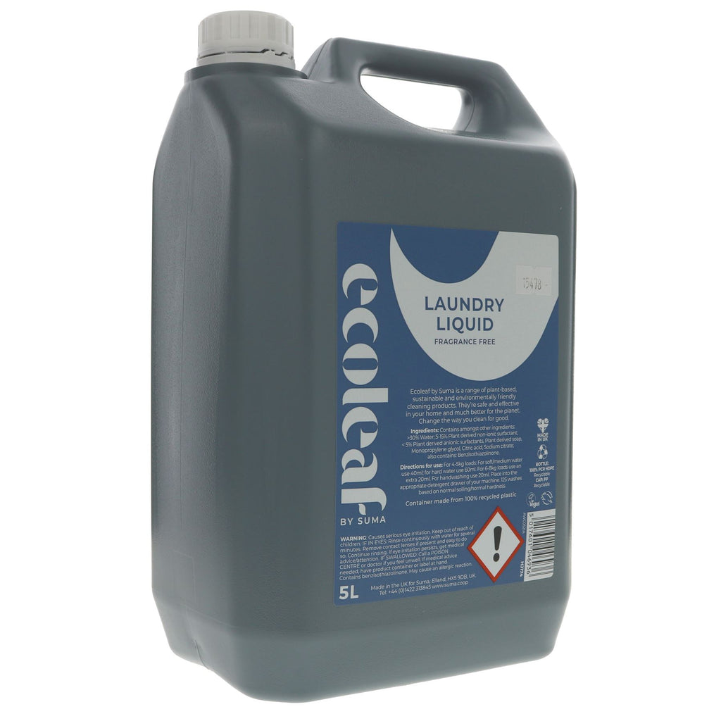 Fragrance-free Ecoleaf Laundry Liquid - Vegan & septic tank safe. 5L bulk size for a clean & fresh result.