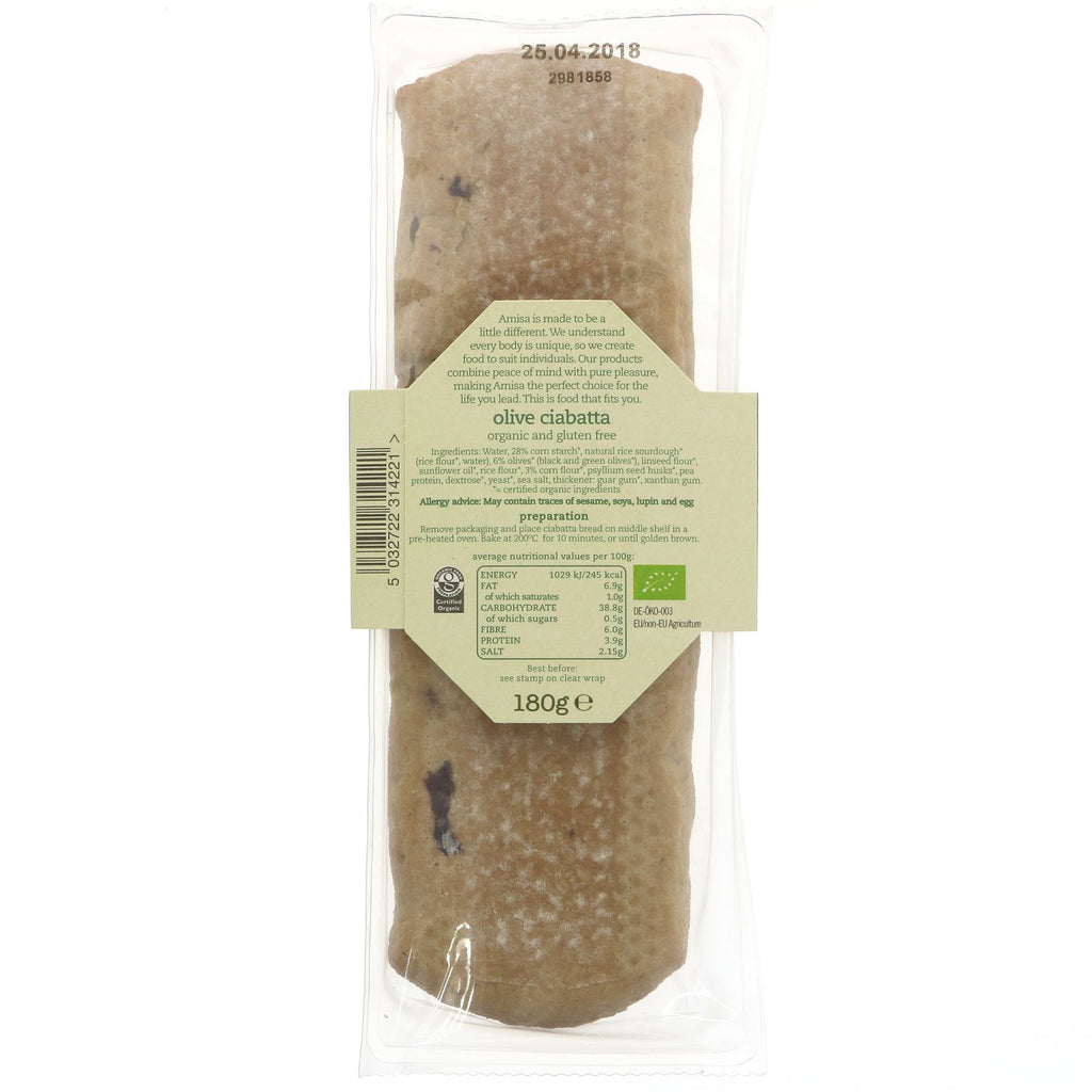 Gluten free organic vegan olive ciabatta – perfect sandwich bread or side dish. No VAT charged.