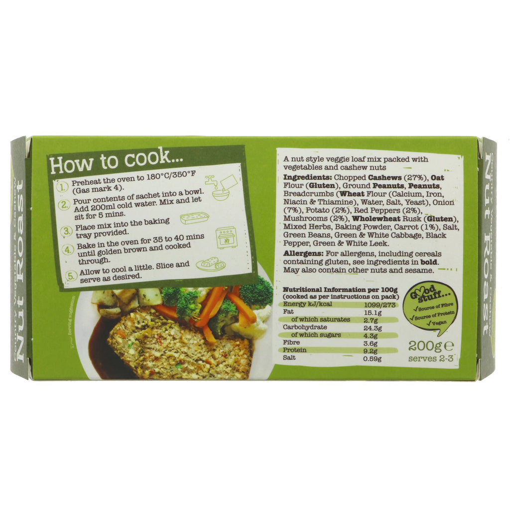 Artisan Grains Nut Roast - Country Veg/Cashew. Vegan, hearty, and made with 8 different veggies. Easy to prepare and comes in a recyclable tray.