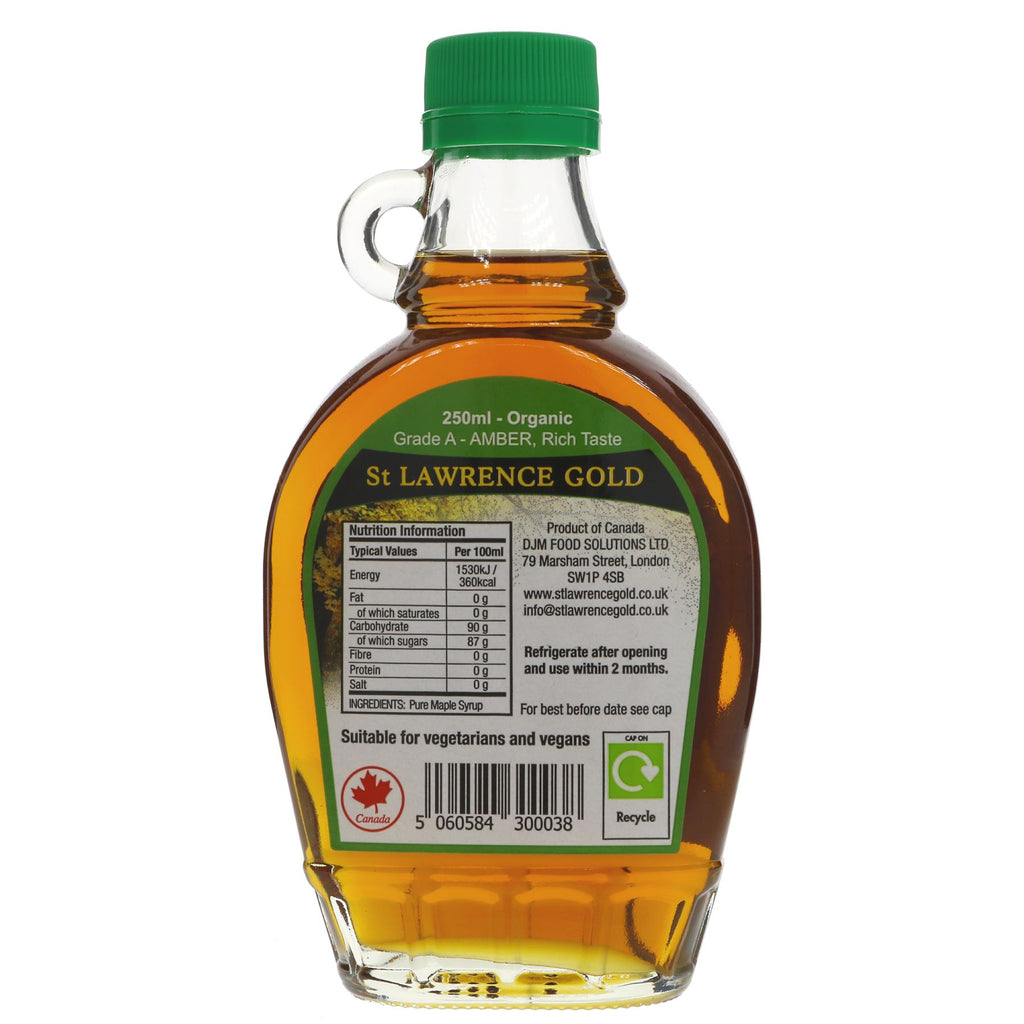 St Lawrence Gold Organic Maple Syrup | Grade A Amber | 250ML - perfect for pancakes, waffles and ice cream! Vegan & packed with healthy nutrients.