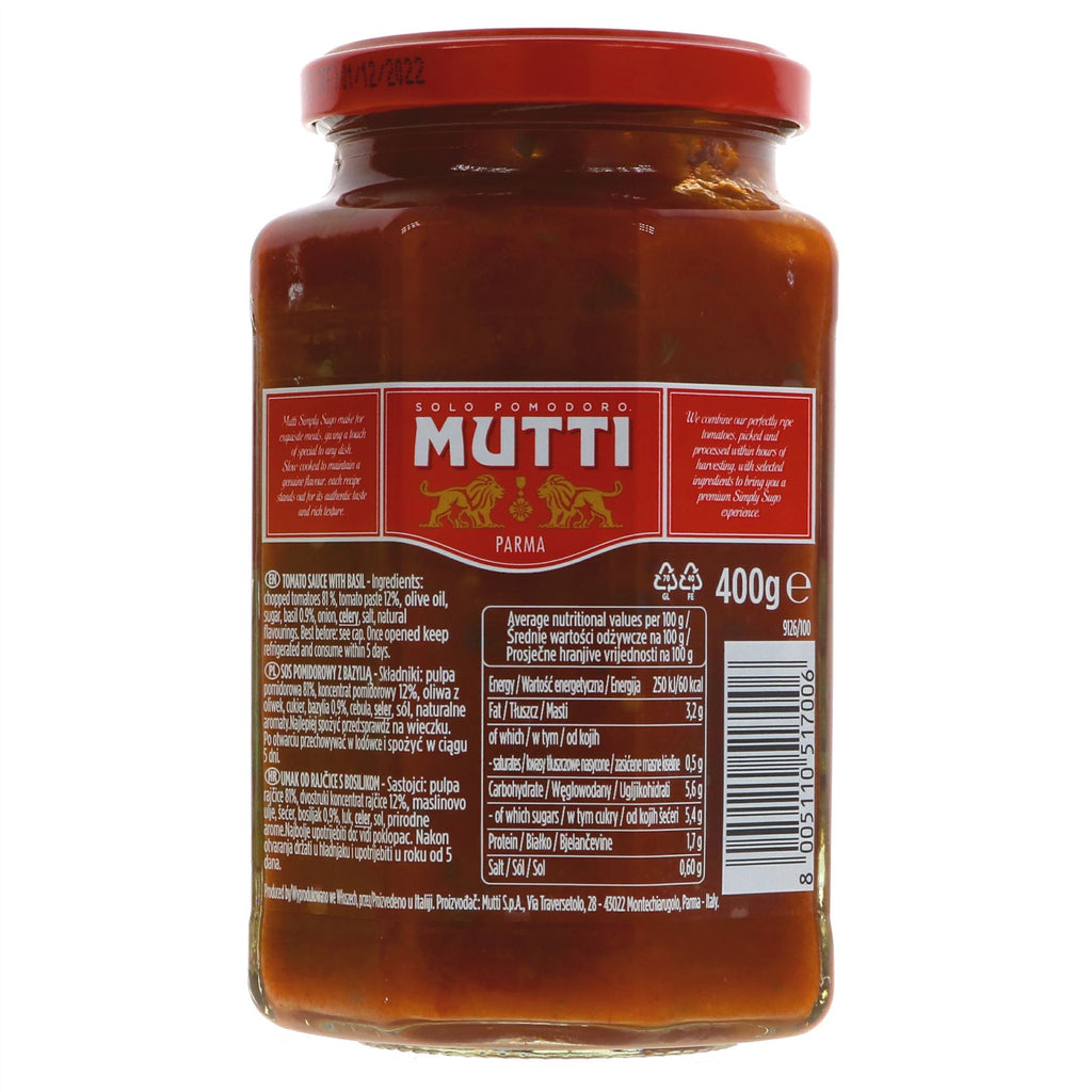 Mutti's Tomato Pasta Sauce with Basil: 100% Italian tomatoes, slow-cooked perfection. Vegan & no added sugar. Perfect for pasta dishes and recipes.