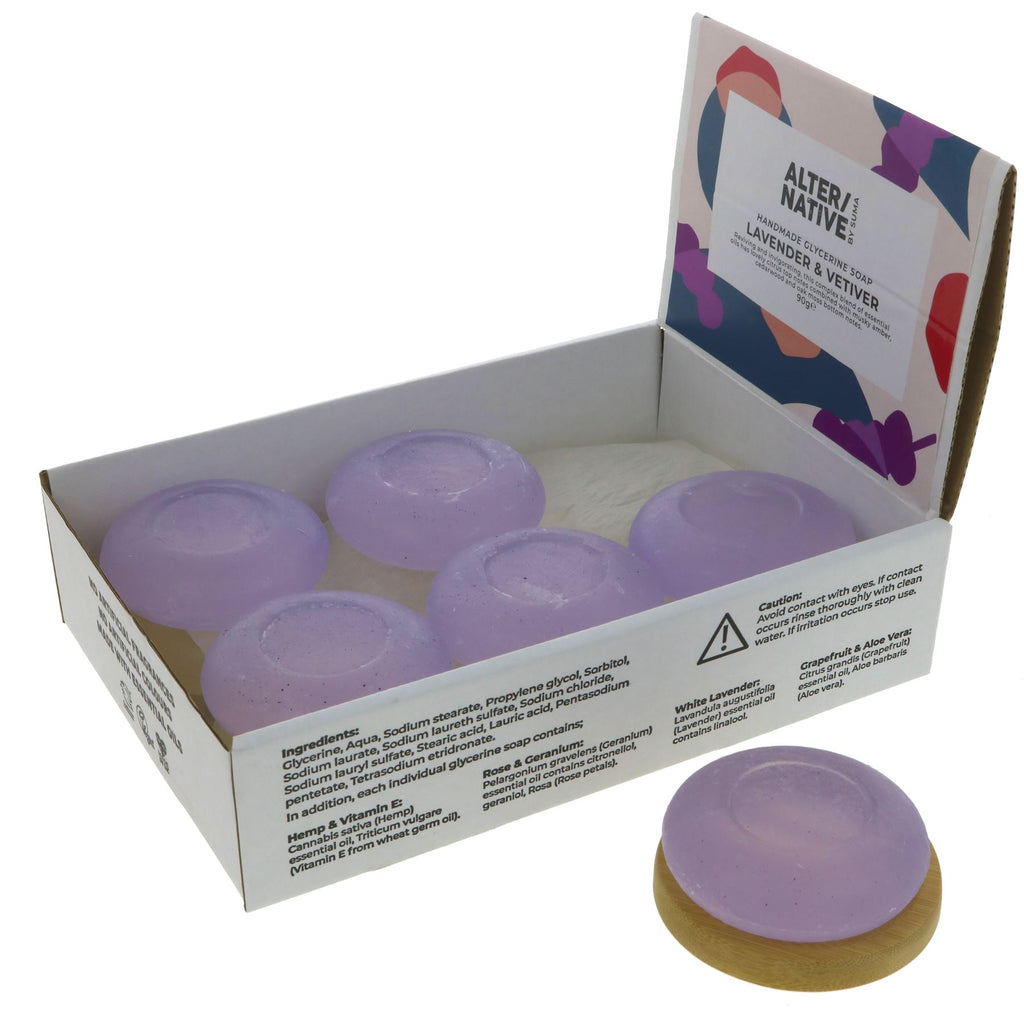 Luxurious lavender and vetiver glycerine soap - vegan, cruelty-free, and gentle on skin and environment.