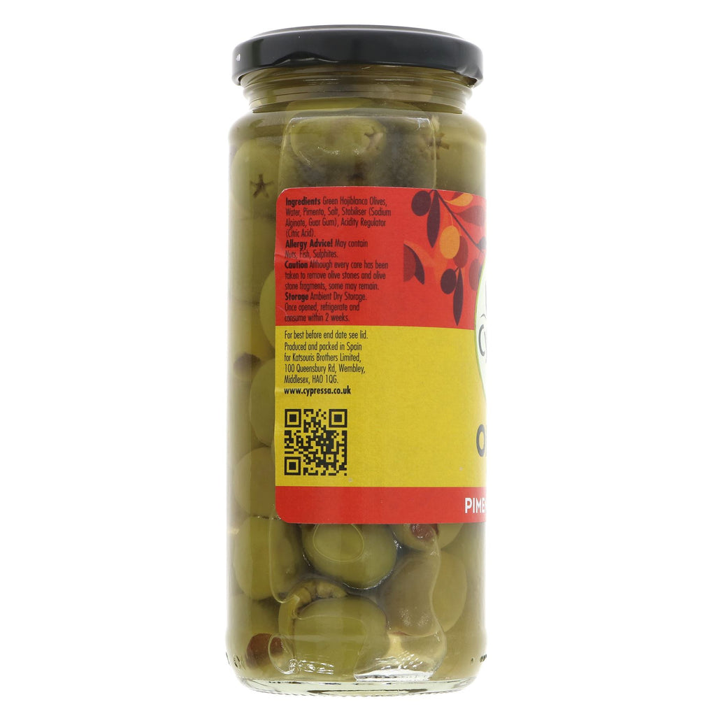 Cypressa Stuffed Pimento Olives - Vegan savory snack and Mediterranean dish additive, 340g.