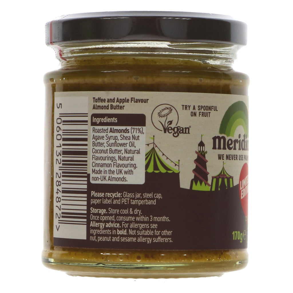 Meridian Toffee Apple Almond Butter - vegan, guilt-free, and delicious. Natural fruit flavors, no palm oil, and gluten-free.