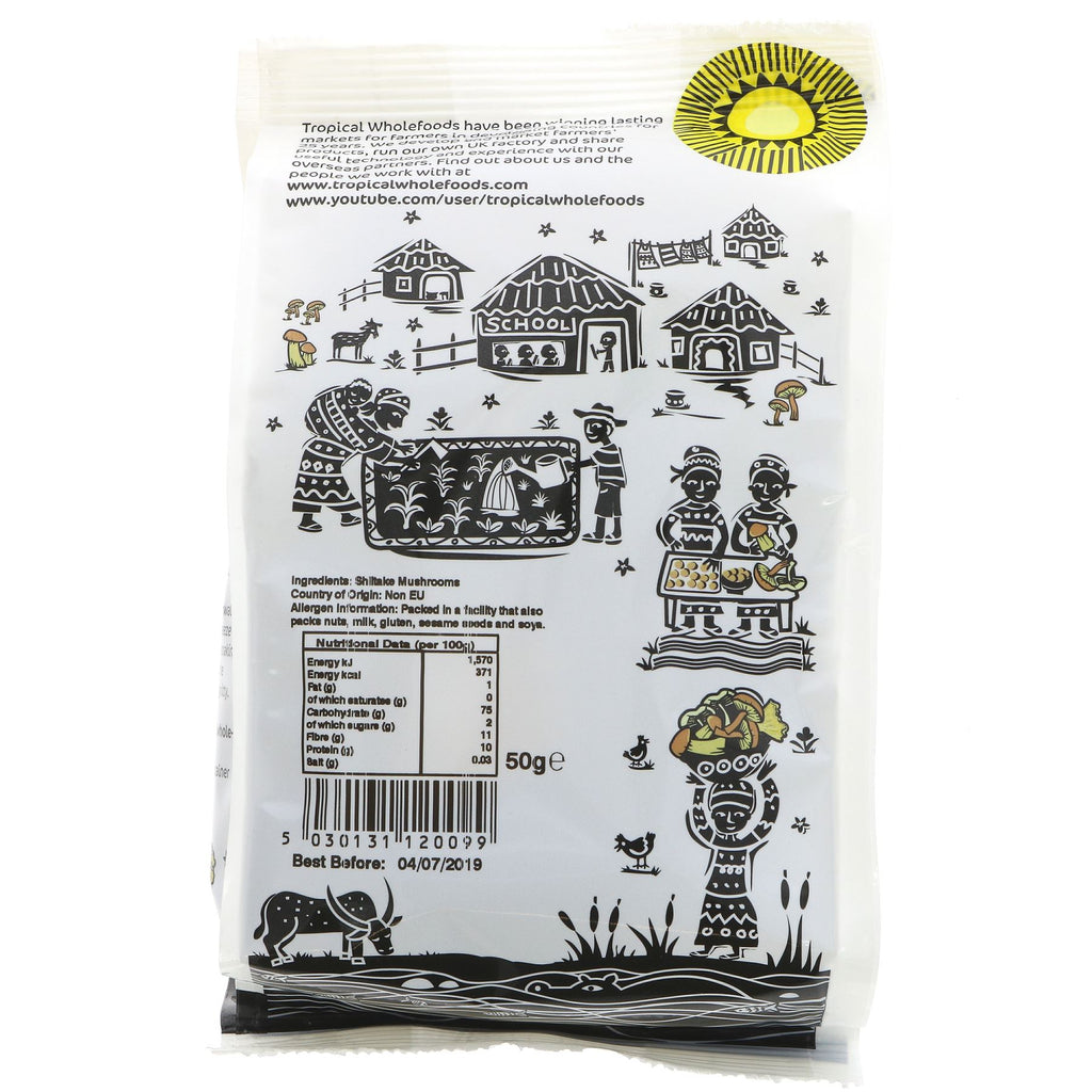 Tropical Wholefoods' Shiitake Mushrooms - Dried | 50g | Add rich, earthy flavor to your dishes. Perfect for risottos, stroganoffs, stews, and stir-fries. Vegan.