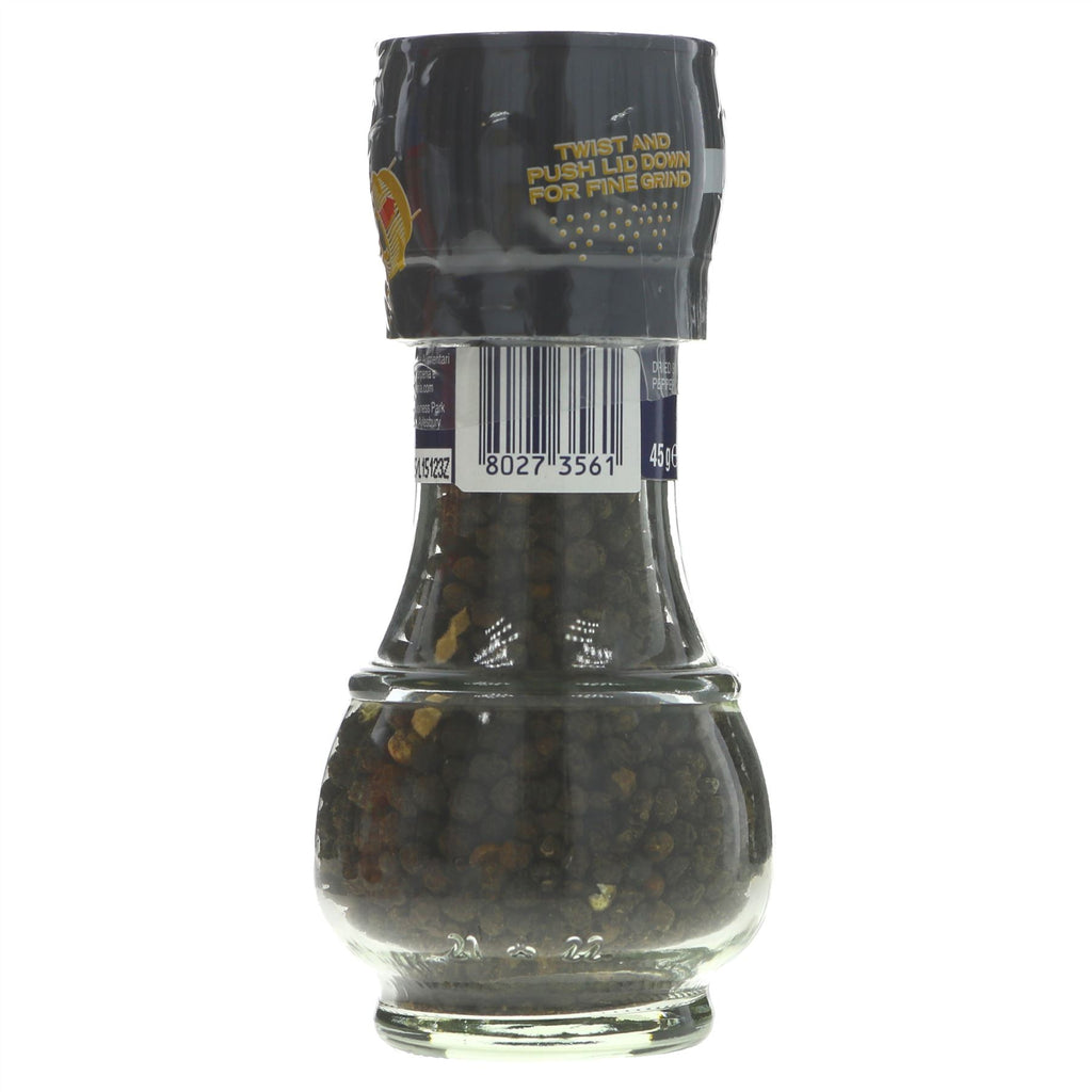 Experience bold flavor with D&A Black Peppercorns Mill. Vegan and perfect for any dish.