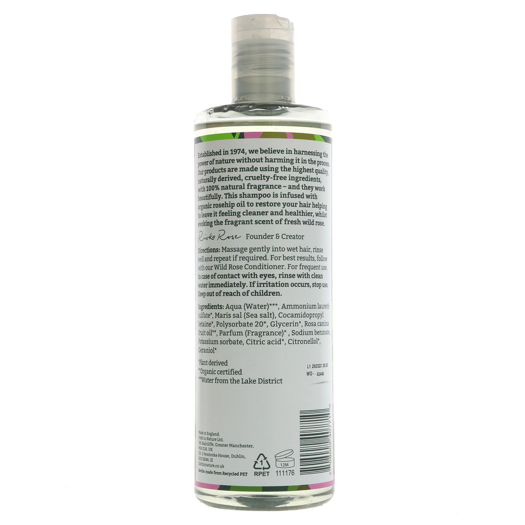Vegan wild rose shampoo by Faith In Nature. Nourish hair naturally with sweet-scented shampoo.