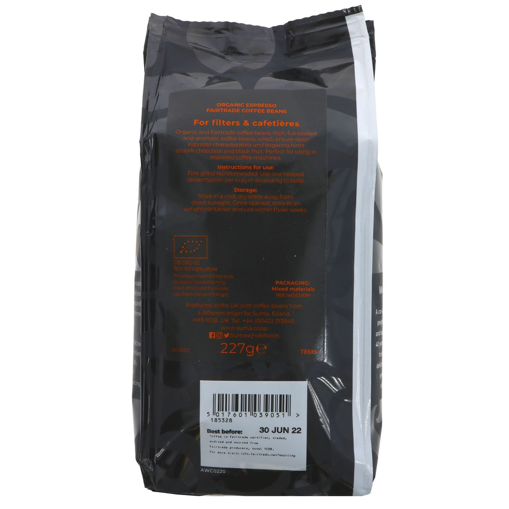 Suma Espresso Coffee Beans - Fairtrade, Organic & Vegan - Rich & Full Bodied - 227g