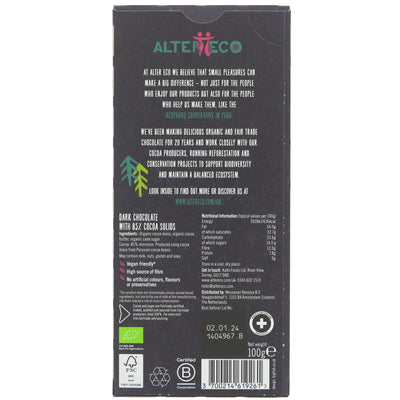 Altereco Dark Chocolate 85%: fair trade, organic, vegan, and no added sugar. Perfect for snacking or recipes.