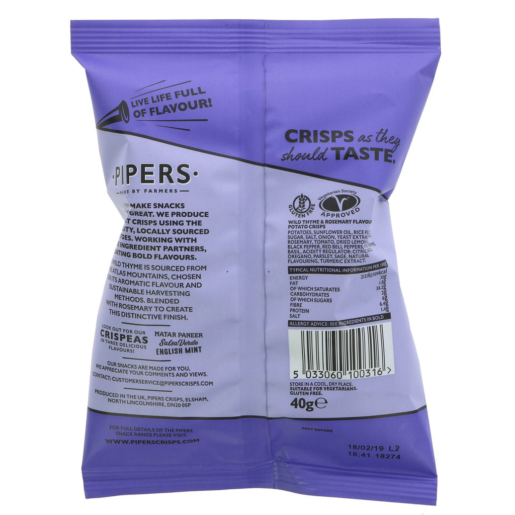 Pipers Crisps | Wild Thyme & Rosemary | Gluten-Free, Vegan | Perfect for Snacking | 40G