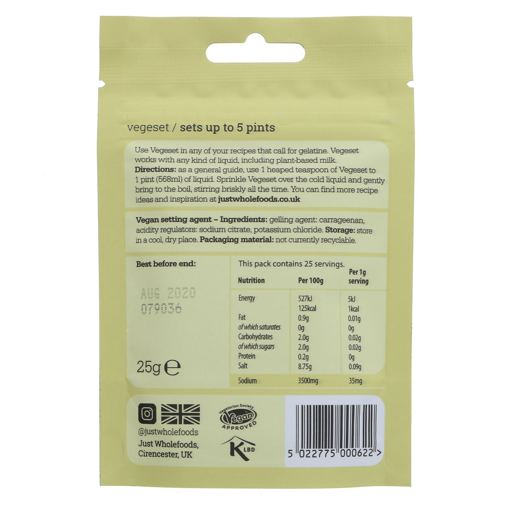 Vegeset Setting Agent | Perfect for vegan sweet and savoury recipes, sets clear, and comes in a resealable bag. Vegan-friendly.