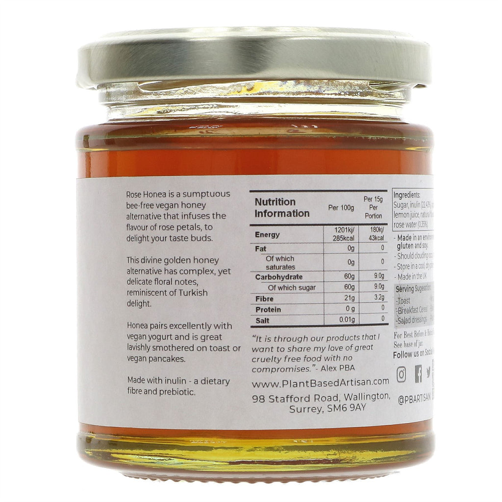 Vegan Rose Honea - guilt-free honey alternative made with inulin, perfect for adding sweetness to hot drinks, cereals, and vegan cheeses.