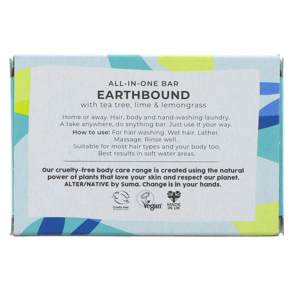Alter/native All-In-One Earthbound Bar with tea tree, lime & lemongrass - perfect for hair, body, shaving, laundry & dishes. Vegan & sustainable.