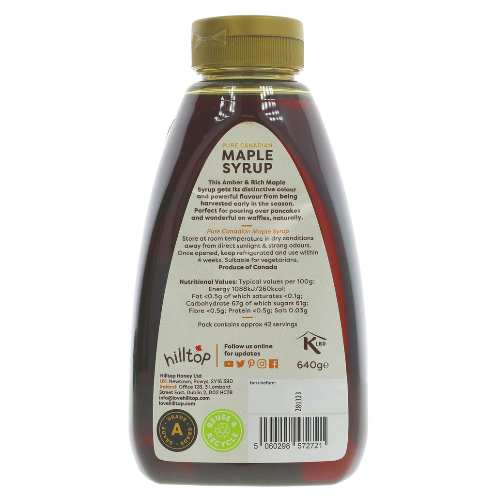 Hilltop Honey Maple Syrup: A gluten-free and vegan indulgence. Grade A Amber | 640g. VAT-free.