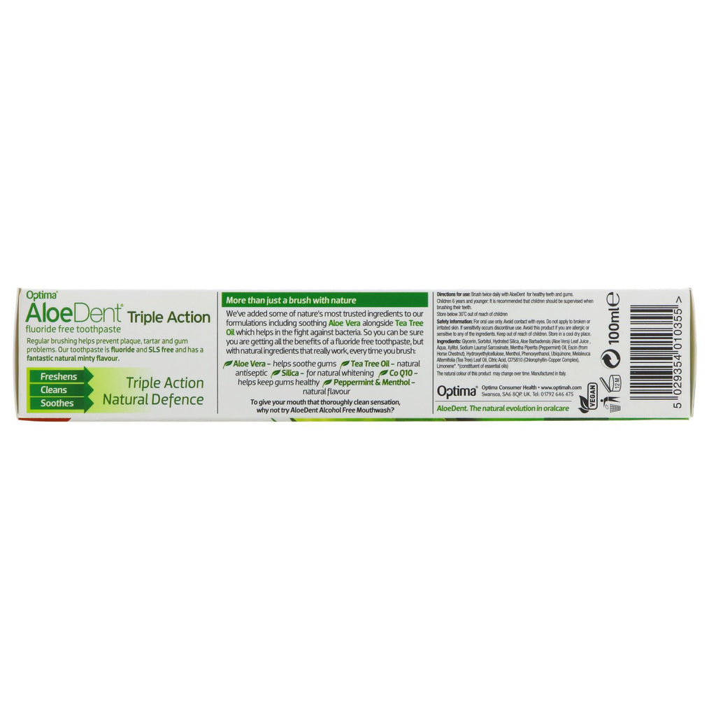 Aloe Dent Triple Action Toothpaste - Natural, vegan-friendly, and fluoride-free. Fights bacteria, whitens teeth, and soothes gums with aloe vera and tea tree oil.