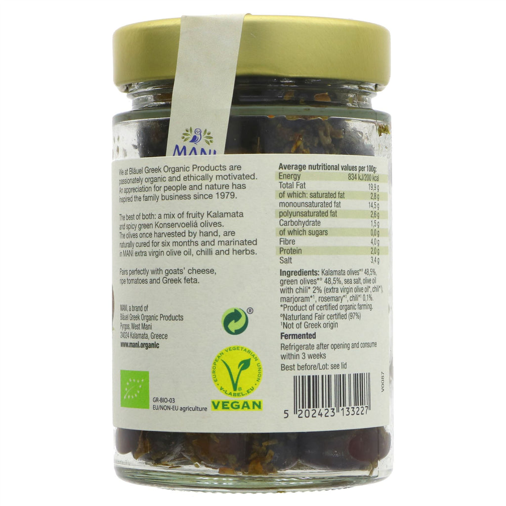 Organic, vegan Og Mixed Olives al Naturale with chili & herbs by Mani - perfect for Mediterranean dishes or as a snack!