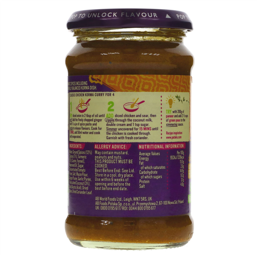 Pataks Korma Curry Paste: Rich & aromatic with coconut & authentic spices. Gluten-free & vegan. Perfect for mild Indian dishes with chicken, veggies, or tofu.