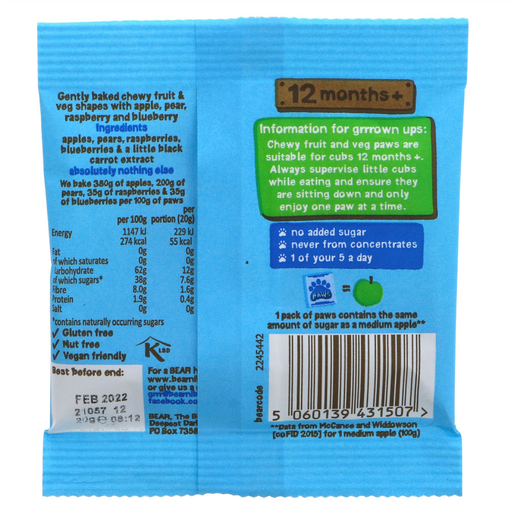Bear Paws- Raspberry & Blueberry | 20G | Pure Fruit Snack for Kids | Gluten-free & Vegan | No VAT