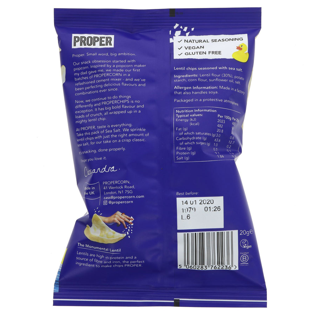 Vegan sea salt lentil chips: healthy, low fat, and fiber-rich snack at under 100 kcal per serving.