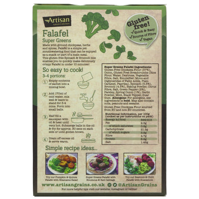 Gluten-free and vegan Artisan Grains' Falafel mix with Super Greens, Spinach, and Broccoli. Easy to make and high protein, low fat - snack on the go or add to your main meal.