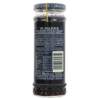 St Dalfour Cranberry & Blueberry Spread: Vegan, Gluten-Free, Refrigerate after opening, 284g.