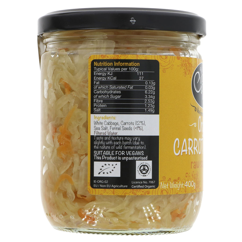 Organic, vegan Raw Carrot and Fennel Sauerkraut by Cultured Food Co. Adds zing to salads, sandwiches, or as a side dish. Handcrafted fermented goodness.