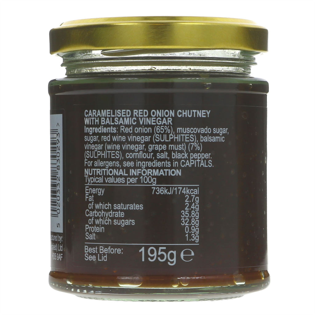 Shaws Caramelised Red Onion Chutney: tangy & sweet, vegan & gluten-free. Ideal with cheese, stir-frys, pasta or as a spread. No added sugar.