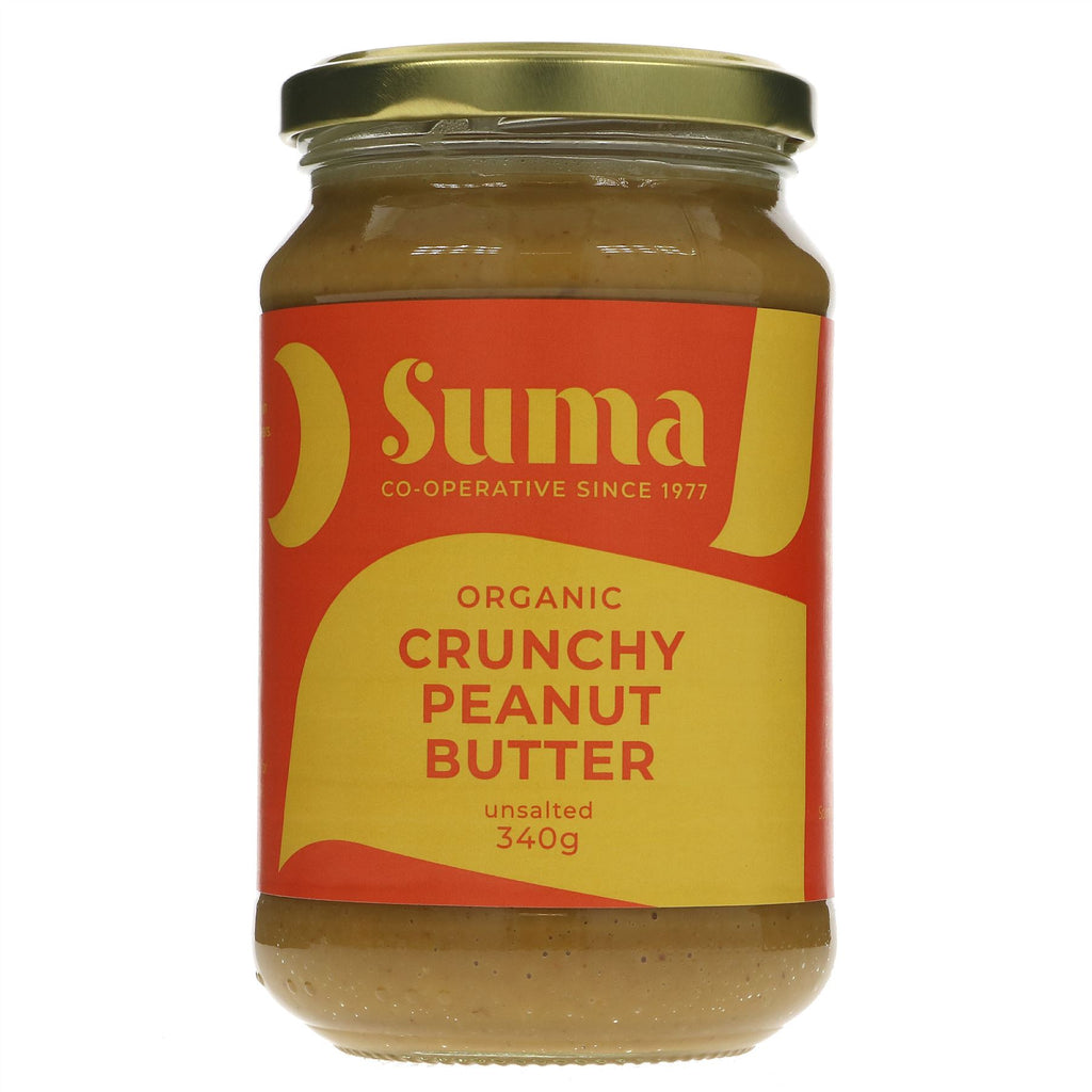 Suma Organic Crunchy Peanut Butter, No Salt. Vegan, organic, gluten-free, and no added sugar. Perfect for toast, smoothies, or recipes.