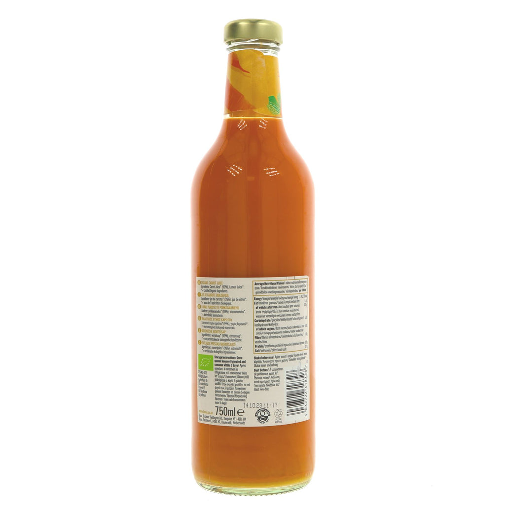 Organic, vegan, pure pressed carrot juice from Biona, perfect for revitalizing your body and mind. 750ml bottle.