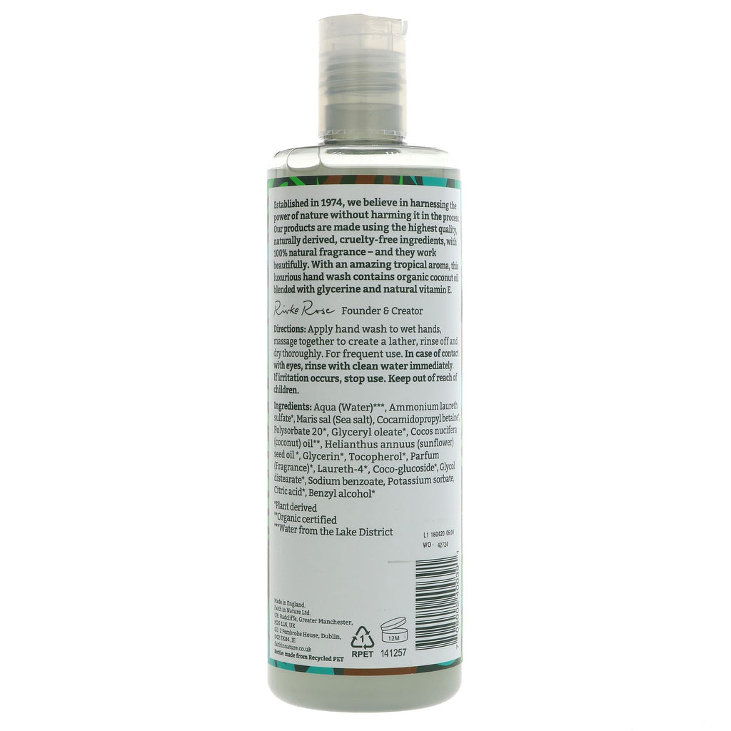 Luxurious, organic Coconut Hand Wash by Faith In Nature with 100% natural fragrance and organic coconut oil. Free from parabens and SLS, perfect for daily use.