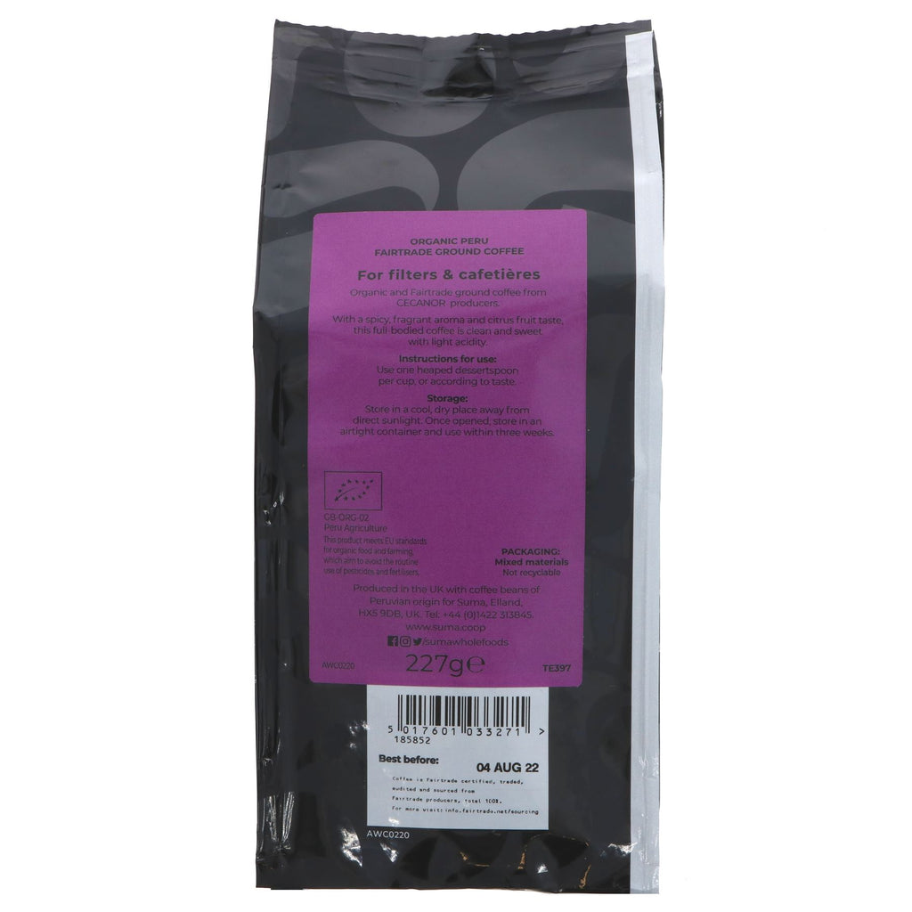 Suma Peru Ground Coffee - Strength 3-4, Spicy & Fragrant - Fairtrade, Organic & Vegan, 227g.