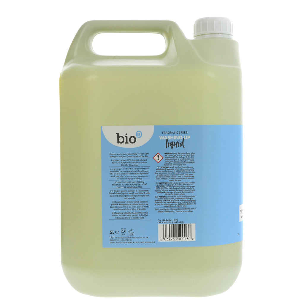 Bio D's concentrated washing up liquid removes grease & stains with ease. Hypoallergenic, vegan & eco-friendly in a 5L bulk container!