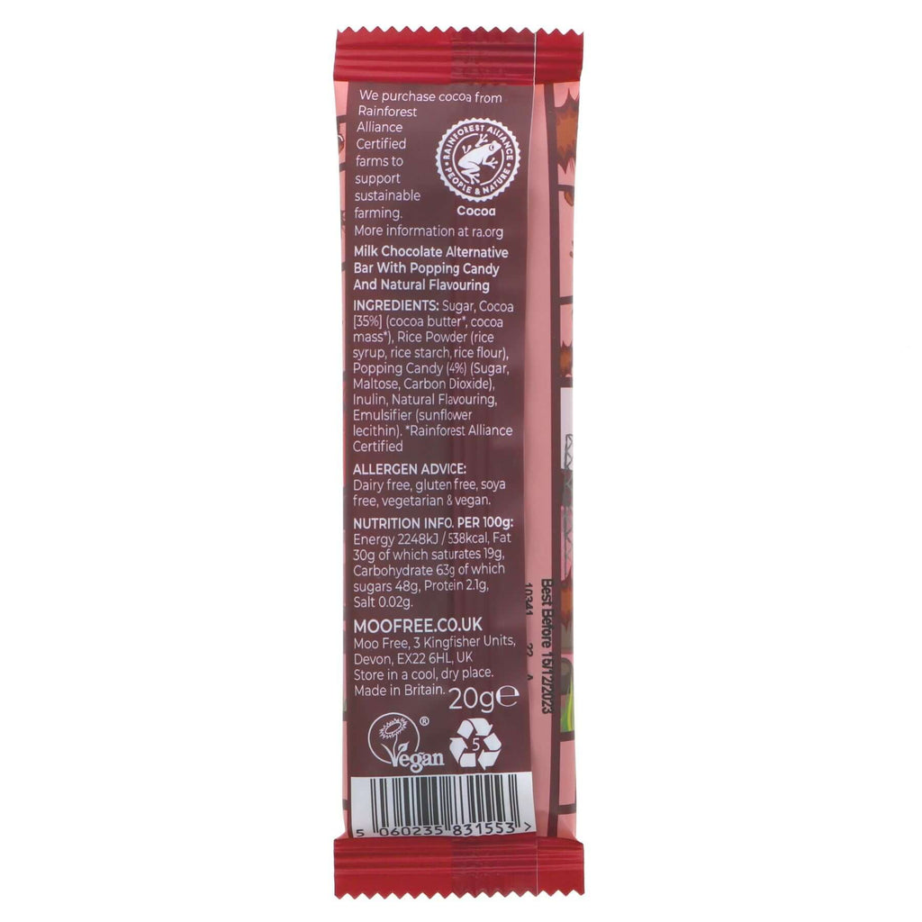 Moo Free Vegan Fizzy Cola Bar with Popping Candy: Fairtrade, Gluten-Free & No Added Sugar. Perfect for snacking or recipes.
