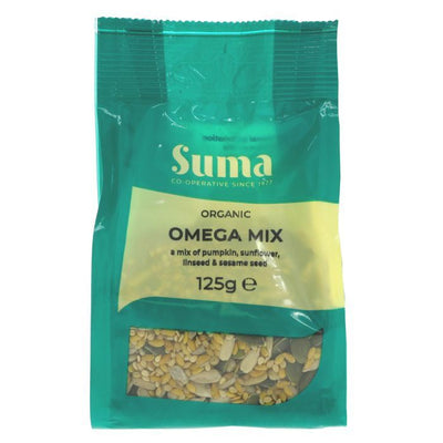 Organic Omega Seed Mix by Suma Prepacks. Vegan & packed with pumpkin, sunflower, linseed, and chia seeds. Perfect for a healthy snack or adding to recipes.
