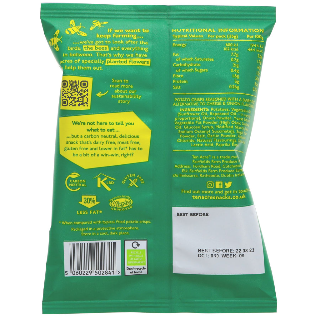 Ten Acre Crisps | Cheese & Onion Hand Cooked, Skin On Crisps | Gluten Free & Vegan | 35g | Sold by Superfood Market