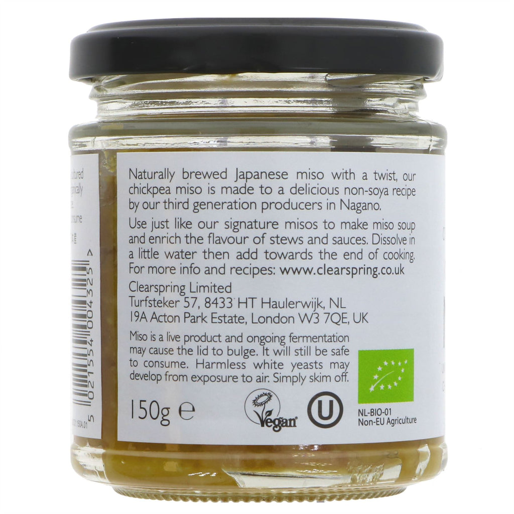 Clearspring's Organic & Vegan Chickpea Miso - perfect for soups, stews & sauces. Elevate your cooking game today! 150g unpasteurised.